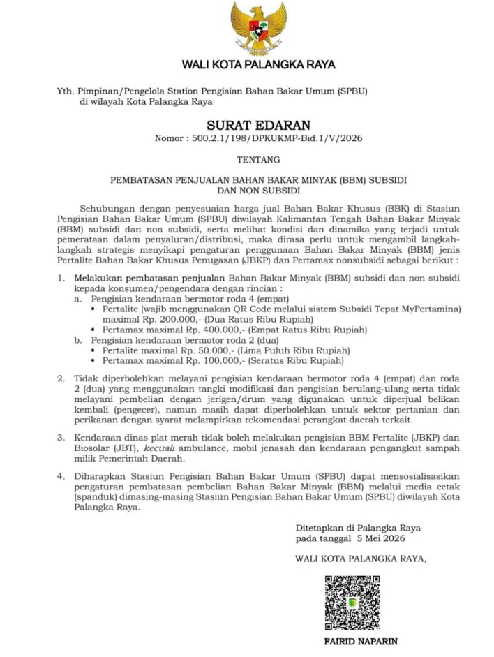 image_editor_output_image431350543-1778027158201 Pemkot Palangka Raya Terbitkan Surat Edaran Pembatasan BBM, Atur Batas Pembelian di SPBU